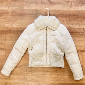 bebe satin and white rabbit fur reversible jacket
